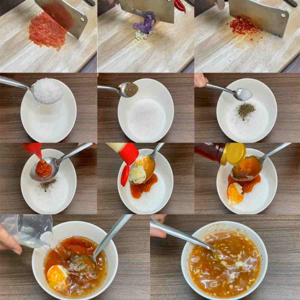 Chuẩn bị hành và tỏi chà chưa băm nhuyễn, pha trộn các nguyên liệu khác.